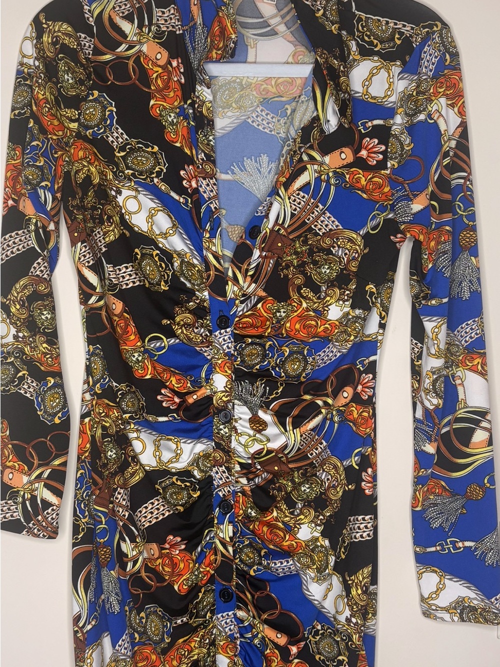 love J Long Sleeve Chain Print Dress in Blue, Black, White, Gold Size Med